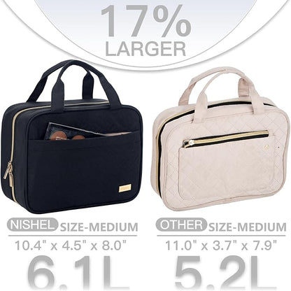 NISHEL Travel Toiletry Bag for women, Portable Hanging Organizer for Travel-Sized Shampoo, Conditioner, Brushes Set, makeup Accessories, Medium Size, Black