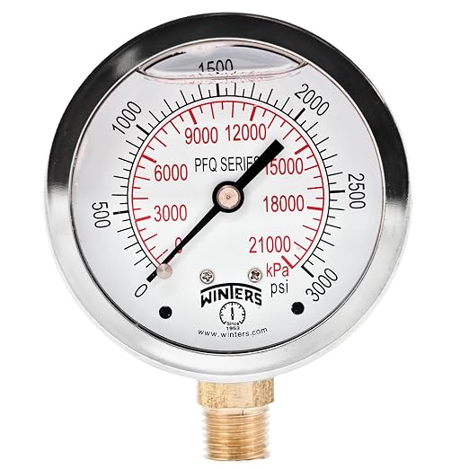 Winters 2-1/2" Dial Size, Liquid Filled Industrial Pressure Gauge, Brass Internals, Stainless Steel Case, Dual Scale 0-3,000 psi/kPa, 1.5% Acc, 1/4" NPT Bottom Mount, Glycerin Filled Pressure Gauge