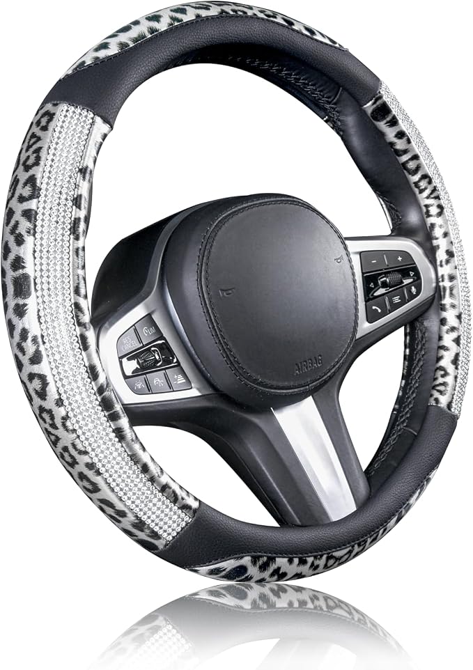 AUTOYOUTH Leopard Steering Wheel Cover - Bling Crystal Rhinestones Cheetah Print on Leather Non-Slip Breathable Design for Women/Girls Universal Fit 14.5-15 Inch(Black & Silver)