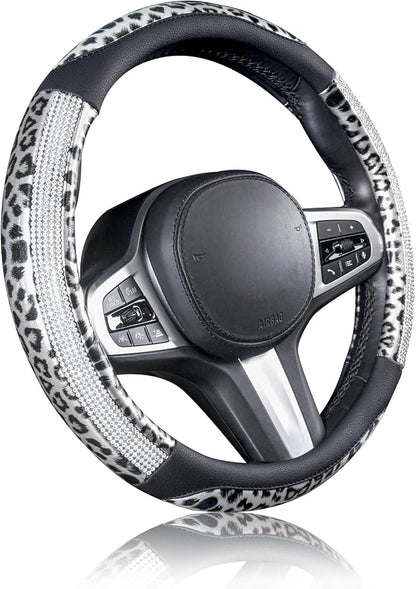 AUTOYOUTH Leopard Steering Wheel Cover - Bling Crystal Rhinestones Cheetah Print on Leather Non-Slip Breathable Design for Women/Girls Universal Fit 14.5-15 Inch(Black & Silver)