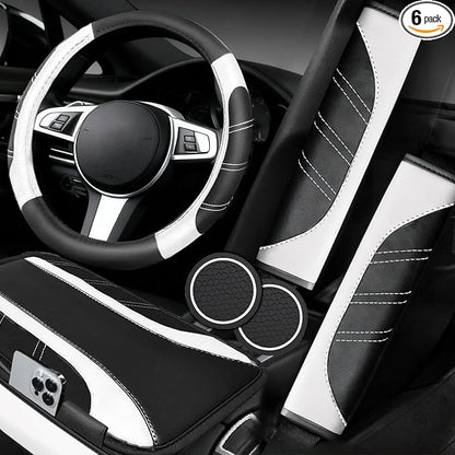 NBTEPEM 6 Pcs White Car Accessories Set, Sport Leather Steering Wheel Cover 14.5-15inch Universal, Microfiber Leather Car Center Console Cover, Seat Belt Cushion, Cup Holder Coaster (Black-White)