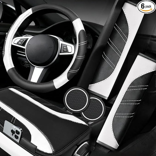 NBTEPEM 6 Pcs White Car Accessories Set, Sport Leather Steering Wheel Cover 14.5-15inch Universal, Microfiber Leather Car Center Console Cover, Seat Belt Cushion, Cup Holder Coaster (Black-White)