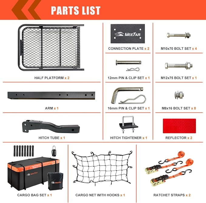 Hitch Mount Cargo Carrier Basket 60"*20"*6"+Waterproof Bag 16 Cubic Feet(58"*19"*24"),and Cargo Net with Attachment Hooks,Ratchet Straps,Hitch Stabilizer.500 Lbs Capacity,Foldable,fit 2" Receiver