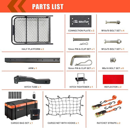 Hitch Mount Cargo Carrier Basket 60"*20"*6"+Waterproof Bag 16 Cubic Feet(58"*19"*24"),and Cargo Net with Attachment Hooks,Ratchet Straps,Hitch Stabilizer.500 Lbs Capacity,Foldable,fit 2" Receiver