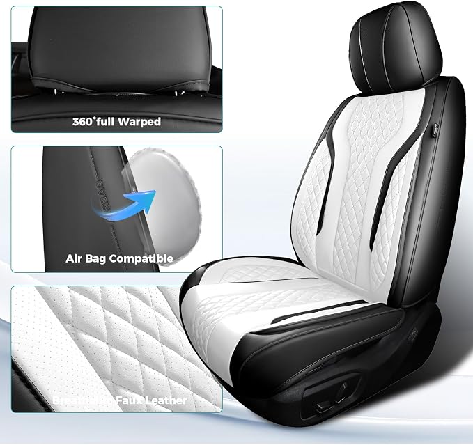 Leather Car Seat Covers Full Set, Breathable Faux Leather Seat Covers for Cars SUV Sedan Waterproof Blackwhite