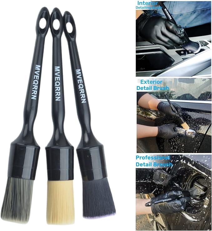 MVEQRRN 3pcs Car Detailing Brush Set-1pcs Boars Hair Car Detailing Brushes,1pcs Ultra Soft No Scratch Detailing Brush for Air Vent,Leather Seat 1pcs Detail Brushes car Detailing for Interior Exterior