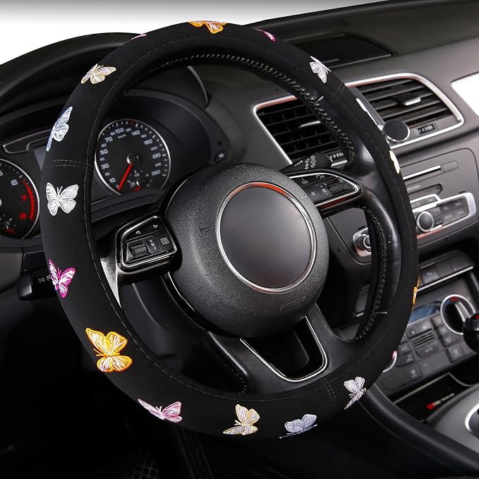 Embroidery Cute Steering Wheel Cover Stitched Butterfly Girly,Sweat Absorption,Universal 15 inch