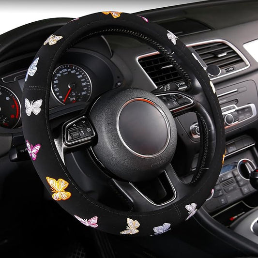 Embroidery Cute Steering Wheel Cover Stitched Butterfly Girly,Sweat Absorption,Universal 15 inch