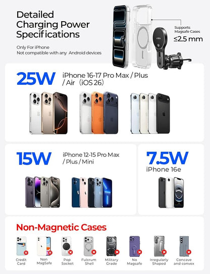 LISEN for Qi2.2 25W MagSafe Car Mount Charger, [Stable & Fast Charging] for Car Vent Magnetic Wireless Car Charger, Car Phone Holder Charger Car Accessories Fits iPhone 17 Pro Max Air 16 15 14 13 12 | [Fast Charging]Magsafe Car Mount Charger,[Qi2.2 Cer...
