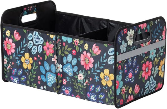 GreaterGood Paws Car Trunk Organizer Foldable Storage Bin with Handles Non Slip Base Pet Gear Travel Tote for SUV Truck (Floral Pawscape)