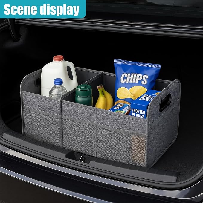 Car Trunk Organizer, Collapsible Multi-Compartment Auto Storage Box with 4 Pockets, Waterproof Oxford Fabric Car Trunk Container Accessories for Sedan SUV Truck (Grey)