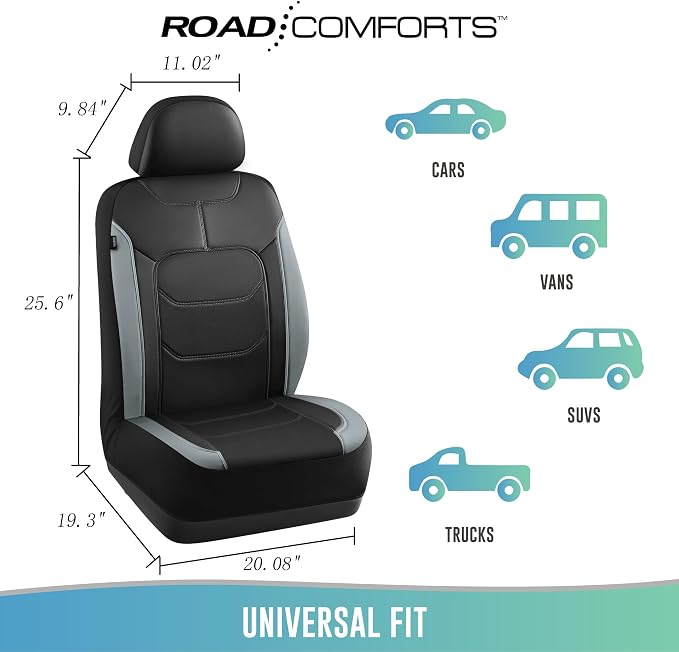 Road Comforts Seat Covers, Premium Leather Car Seat Covers Front Seats,Airbag Compatible, Automotive Seat Covers Universal Fit Most Cars,Vans,Truck,SUV Gray