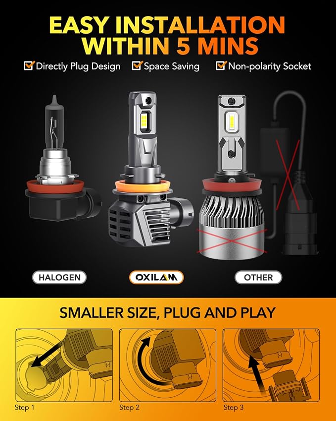 OXILAM H11 H8 H9 LED Bulb, 1000% Ultra-Brightness, 3 Min Quick Install, Wireless Plug and Play, 20 Years Lifespan, No Flicker, 99% Compatibility, Pack of 2