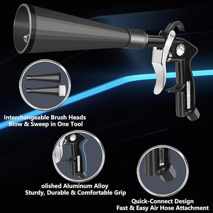 Preciva Tornado Blow Gun, Air Duster for Interior Seats, Headliner, AC Vents, Crevice Cleaning, High-Pressure 60-160PSI (0.6-0.92MPa), 1/4" Quick Connect, Includes 2 Nozzles & 2 Connectors