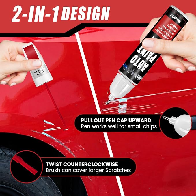 Touch Up Paint for Cars (Ultra Red PR01), Compatible with Tesla Model Y/3/S/X, 0.4 fl oz Color Accurate 2-in-1 Car Paint Scratch Repair Pen, Professional Grade, Fast-Drying & Long-Lasting