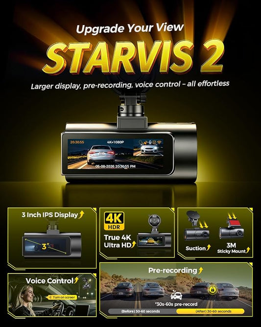 GKU 4K Dual Dash Cam Front and Rear, STARVIS 2 Sensor, 5.8GHz WiFi6 Up to 20MB/s, Voice Control, Dash Camera with GPS, WDR Night Vision, 24H Parking Mode, Loop Recording, Supercapacitor(No SD Card)