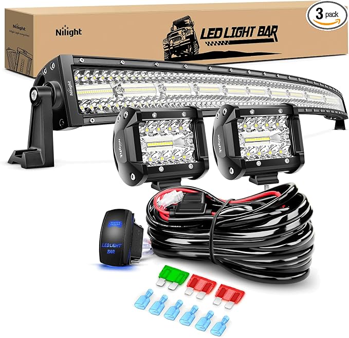 Nilight 42Inch LED Light Bar 2Pcs 4Inch 60W Spot Flood Lights Pods Off Road DrivingWork Lighting with 14AWG Wiring Harness Kit-3 Leads for Truck Tractor Pickup Boat SUV ATV UTV Car Van Camper