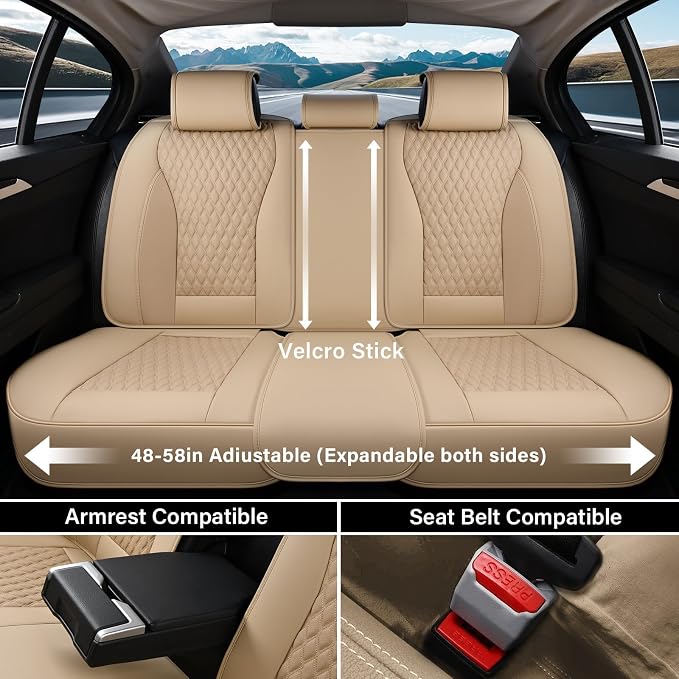 Coverado Car Seat Covers Full Set, Waterproof Nappa Leather Seat Covers for Cars, Front and Back Car Seat Protector, Luxury Car Seat Covers, 5 Seats Universal Beige Car Seat Cover Fit for Most Cars