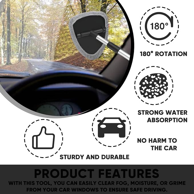 Car Window Cleaner, Car Cleanser Brush, Car Accessories Car Cleaning Supplies Tools, Car Cleaning Kit with Extendable Handle, Microfiber Cloth, Spray Bottle, Fits All Cars (Gray)