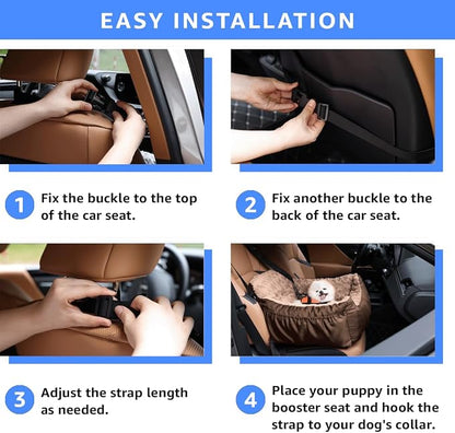 Oiilores Dog Car Seat for Small Dogs, Washable Pet Booster Seats with Clip-On Safety Leash, Comfy Deluxe Plush Carseat with Storage Pockets, Puppy Car Travel Carrier Bed for Dogs Under 25 lbs, Brown