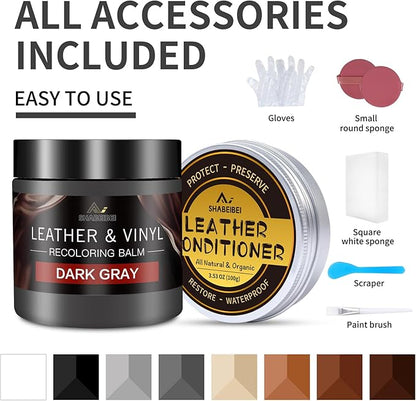 Leather Recoloring Balm with 100ml Mink Oil, Dark Gray Leather Repair Kit and Scratch Remover for Furniture, Car Seats, Sofas, Dye & Restorer for Couches, Vinyl, PU, Faux