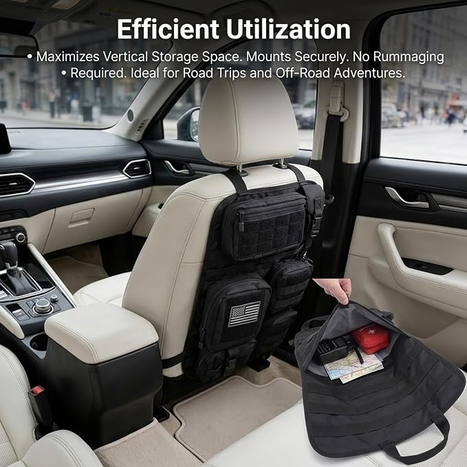 Car Seat Back Organizer,Multifunctional Hanging Molle Seat Back Organizer with Large Compartment,Universal Car Organizers Backs Seats Fit for Most Cars SUVs Trucks