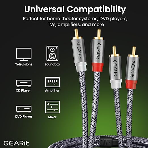 GEARit RCA Cables 1ft OFC, RCA Cables Car Audio with Dual Shielding & Gold-Plated Connectors, RCA Cable for Subwoofer Cable, Hi-Fi System, Amplifier, Active Speakers, Gaming Consoles