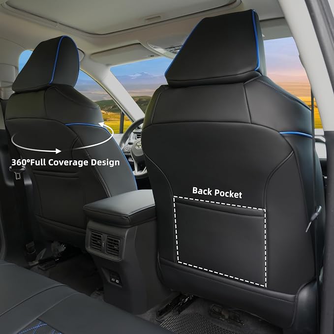 Lolcar RAV4 Seat Covers Custom Fit for Toyota RAV4 2019 2020 2021 2022 2023 2024 2025 LE,XLE,XLE Premium,Limited,Airbag Compatible,Seat Cover Full Set for SUV, Leather（ Black with Blue Trim）