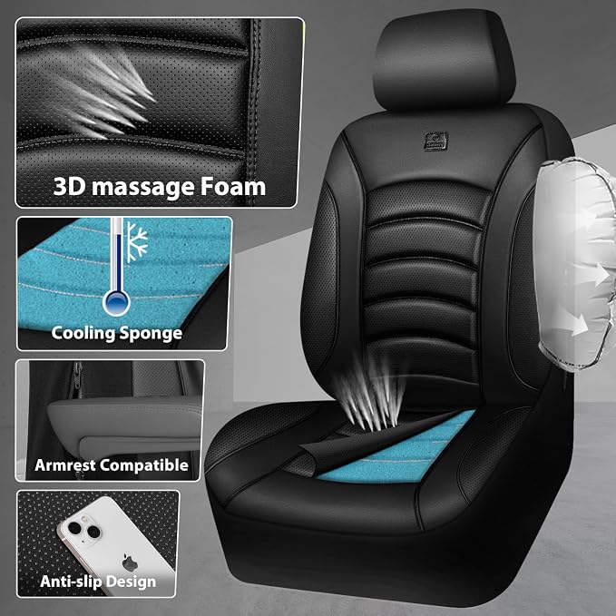 CAR PASS 3D Foam PU Leather Car Seat Covers, Universal Seat Covers Full Sets for Trucks SUV Sedan Automotive Seat Covers Armrest Airbag Compatible Waterproof Comfortable Faux Nappa Leather Pure Black