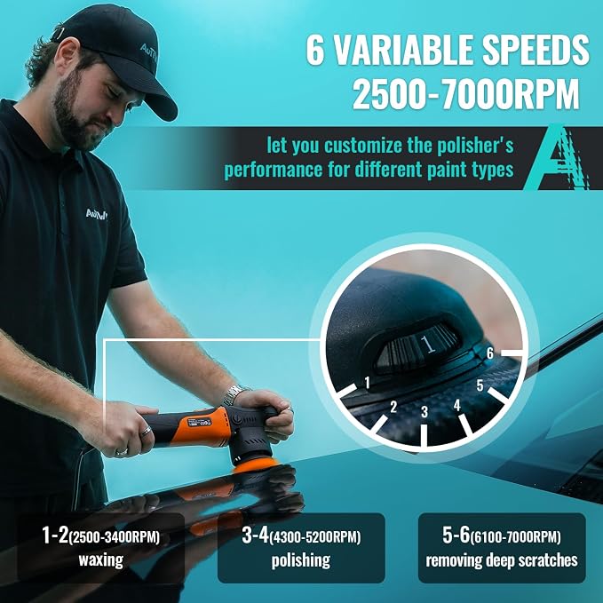 AUTIWOZ Carbon Fiber Mini Car Buffer Polisher, 630W Copper Motor 12mm Orbit, 2&3Inch Dual Action Polisher for Car Detailing, 2500-7000RPM with Soft Start, 3M Corded Auto Electric Polishing Machine