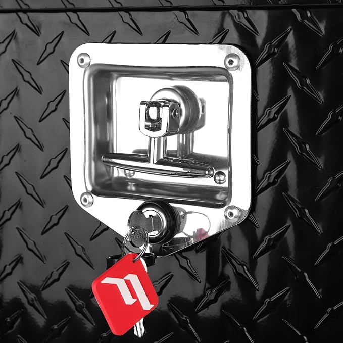 FORWODE 18x17x18 Inch Underbody Truck Tool Box Aluminum Trailer Tool Box with Lock & Foldable T-Handle Waterproof Truck Storage Box for Pickup Truck, Trailer, RV, ATV, Indoor（BLACK）