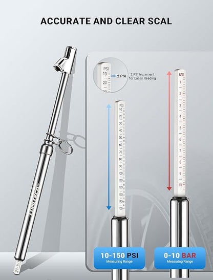 LUMITECO Dual Head Tire Pressure Gauge, Heavy Duty Extension Air Tire Gauge for Tire Pressure Range 10-150PSI 1-10BAR, Straight Foot Dual Head Chuck Auto Service Gage for Car,Semi Truck,RV,Motorcycle