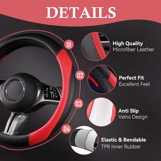 CAR PASS Faux Leather Steering Wheel Cover and Waterproof Car Floor Mats,Universal Car Combo Fit for 95% Sedan,SUV,Cars,14.5-15inch Sporty Anti-Slip Safety Comfortable Design(Black＆Red)