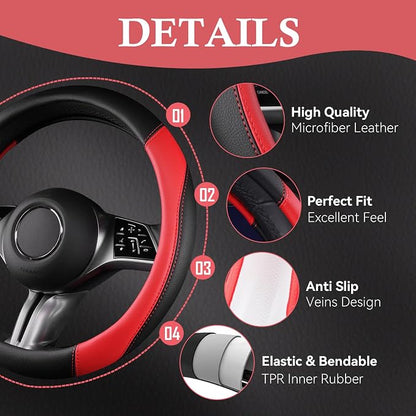 CAR PASS Faux Leather Steering Wheel Cover and Waterproof Car Floor Mats,Universal Car Combo Fit for 95% Sedan,SUV,Cars,14.5-15inch Sporty Anti-Slip Safety Comfortable Design(Black＆Red)