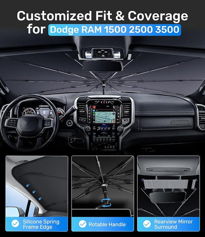 Zanch Upgrade Windshield Sun Shade, Custom Fit for Dodge RAM 1500 2500 3500 [Titanium-Silver Reflective Coating] Blocks 99% UV & Heat, Sunshade Umbrella for RAM 1500 2500 3500, 2015...2023 2024 2025