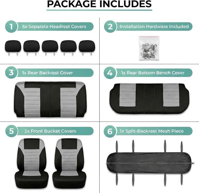 FH Group Automotive Car Seat Covers Full Set Premium 3D Air Mesh Front Seat Covers, Airbag Compatible & Split Bench Cover Universal Fit Interior Accessories for Cars Trucks and SUVs - Gray