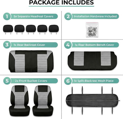 FH Group Automotive Car Seat Covers Full Set Premium 3D Air Mesh Front Seat Covers, Airbag Compatible & Split Bench Cover Universal Fit Interior Accessories for Cars Trucks and SUVs - Gray