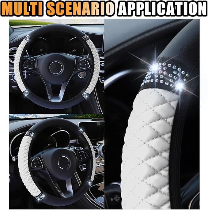 Bling Soft Leather Steering Wheel Cover, 15 Inch Colorful Rhinestones Auto Elastic Protector with Crystal Diamond for Women Girls, Car Accessories for Most Cars, SUVs (White)