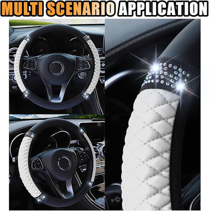 Bling Soft Leather Steering Wheel Cover, 15 Inch Colorful Rhinestones Auto Elastic Protector with Crystal Diamond for Women Girls, Car Accessories for Most Cars, SUVs (White)