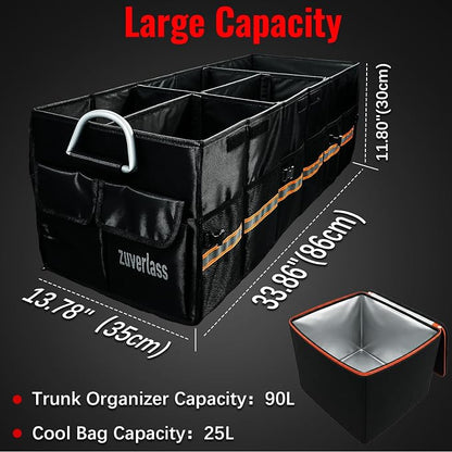 Car Trunk Organizer with Cooler Bag, 90L Portable Trunk Cargo Organizer for SUV Truck Sedan, 3 Compartments Collapsible Car Storage Box with Lid, 4 Removable Dividers