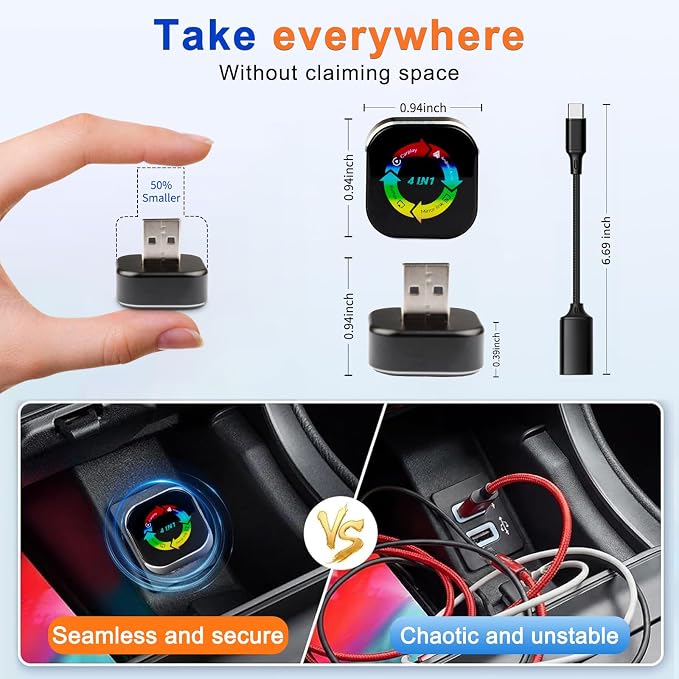 2026 4-in-1 CarPlay Adapter Wireless CarPlay + AirPlay + Android Auto + MirrorLink | Plug-&-Play for iPhone 10+ & Android 11+ | USB-A & Type-C Dual Ports (Colorful)