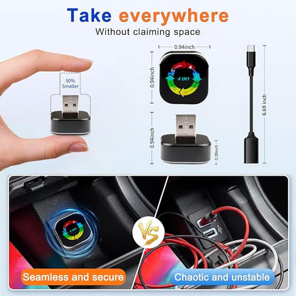 2026 4-in-1 CarPlay Adapter Wireless CarPlay + AirPlay + Android Auto + MirrorLink | Plug-&-Play for iPhone 10+ & Android 11+ | USB-A & Type-C Dual Ports (Black and White)