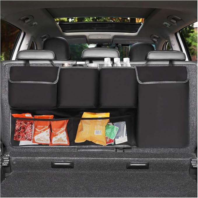 Car Trunk Hanging Organizer, Foldable Backseat Hanging Storage Bag with 6 Large Pockets 2 Hooks, Waterproof Collapsible Cargo Organizer Auto Interior Accessories for SUV Truck MPV
