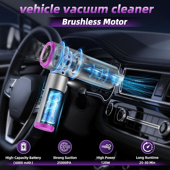 Car Vacuum 3 in 1 High Power Cordless Mini Vacuum Cleaner& Air Blower, 25000PA Suction 250000RPM Air Duster, 6000mAh Portable Handheld Small Vacuum Cleaner for Car Home Office