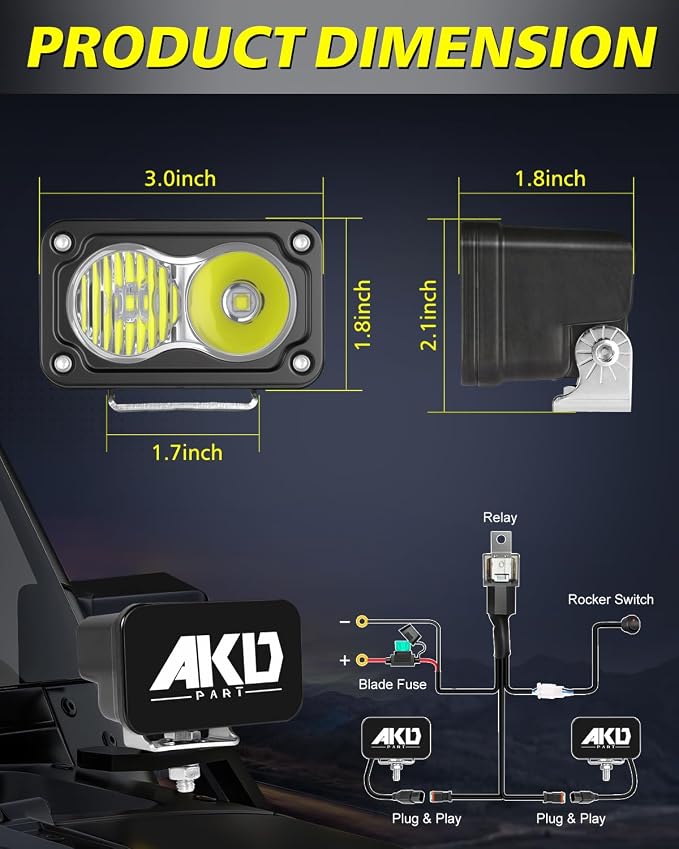 LED Pods with Wiring Harness & Black Covers 3" 40W CREE LED Ditch Lights Spot Flood Combo Offroad Driving Lights for Trucks Motorcycle SUV UTV ATV Dirt Bike