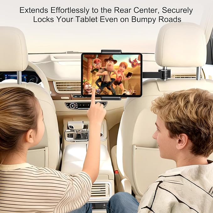 UPERGO Headrest Car Tablet Holder - [Long Aluminum Extension Arm] [Ultra-Compact] Foldable iPad Holder for Car Backseat, Road Trip Essentials iPad Back Seat Mount, Tablet Headrest Mount