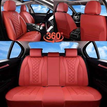 Coverado Car Seat Covers Full Set, Luxury Diamond Leather Car Seat Cover, Waterproof Automotive Seat Protectors, Breathable Car Seat Cushion, Universal 5 Seats Seat Cover Fit for Most Cars, Red
