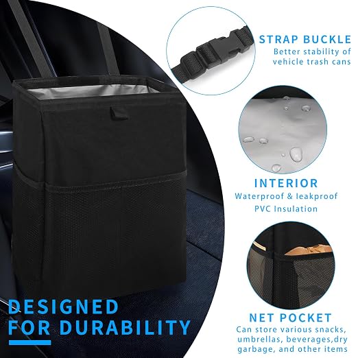 Homelove Hanging Car Trash Can with 4 Storage Pockets, Waterproof Leakproof Oxford Auto Garbage Bag, Adjustable Garbage Bag, Foldable Car Trash Bin Fit for Truck, SUV, Home, Office