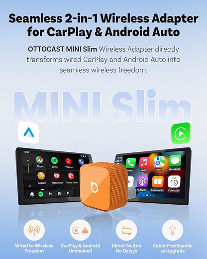 OTTOCAST 2026 New Mini Slim Orange, 2-in-1 Wireless CarPlay Adapter & Android Auto Adapter, Plug & Play Wireless Carplay Dongle, 5s Auto-Connect, Mini Cube for Factory Wired Cars, iPhone & Android
