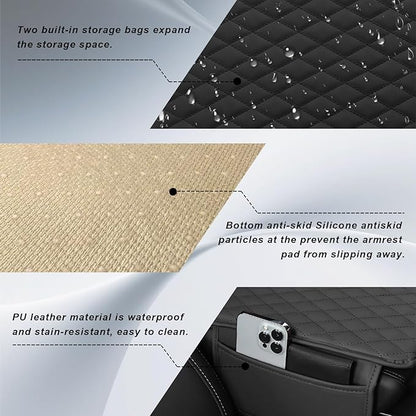 Center Console Cover, PU Leather Car Armrest Cover with Storage Pocket, Ergonomic & Anti-Slip, Universal Car Center Console Organizer for Vehicles, SUV, Truck, Sedan